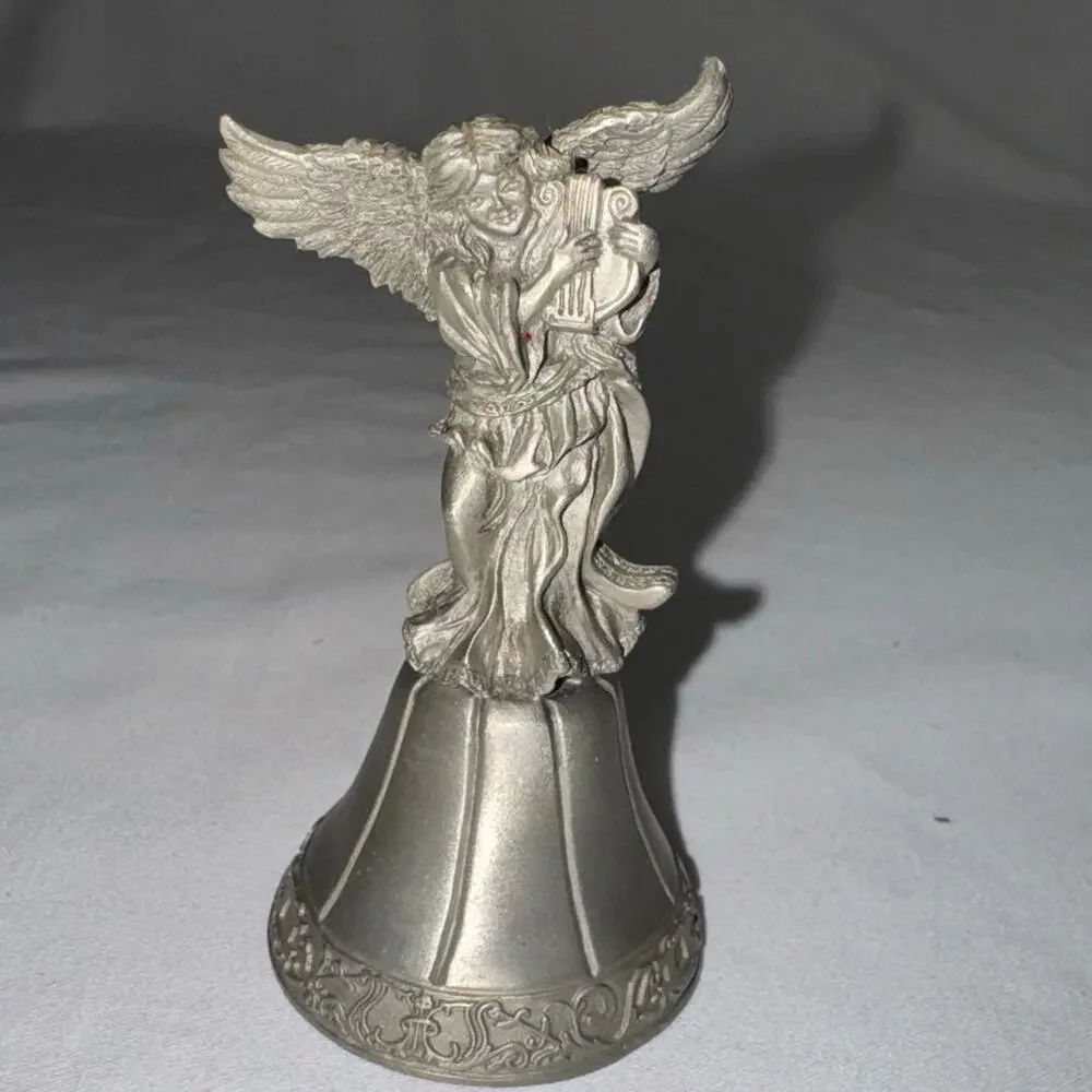 VTG Fort USA Bell w/Guardian Angel Playing Lyre Bell Solid Pewter 3 1/2